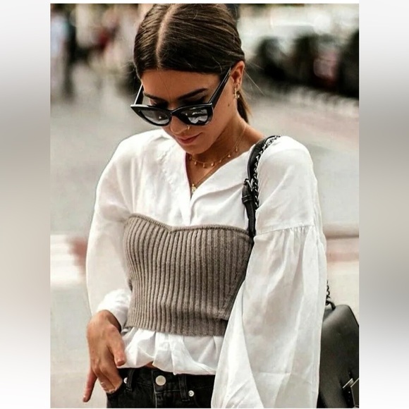 Zara Stone Grey Knit Tube Corset Bustier Crop Sweetheart Top Minimal Size S NWT - Picture 2 of 16